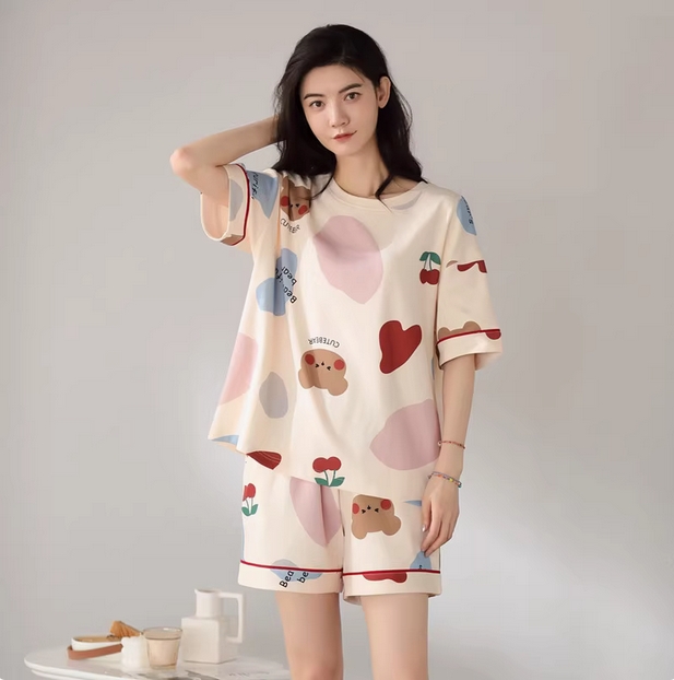 睡衣女夏季薄款短袖100%纯棉休闲卡通夏天家居服套装2025新款春款 商品图