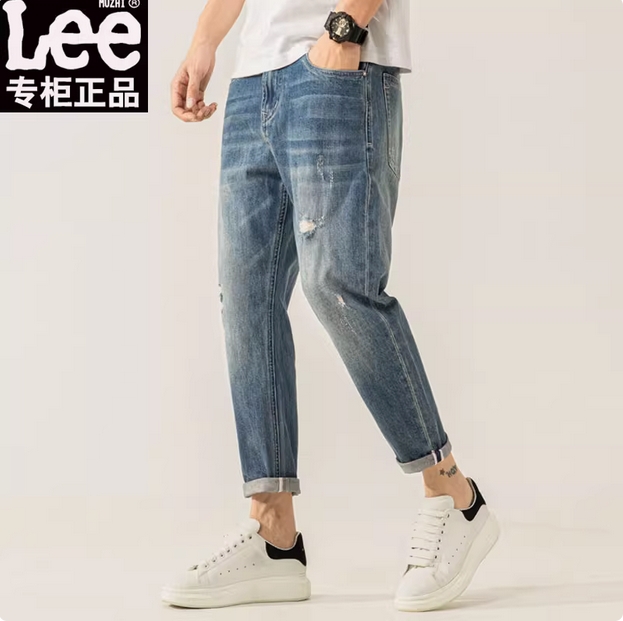 高端正品Lee男士牛仔裤春秋直筒修身九分裤秋季大码破洞男款裤子 商品图